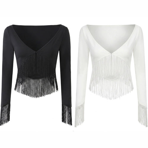Damen Cropped V‑Neck Oberteil mit langen Ärmeln und dekorativem Fransenbesatz Drune