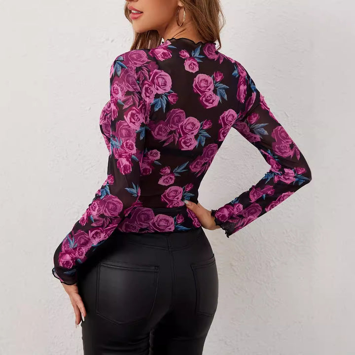 Damen nan tailliertes Mesh-Shirt mit floralen Rosenmotiven, hohem Stehkragen und welligem Saum Drune