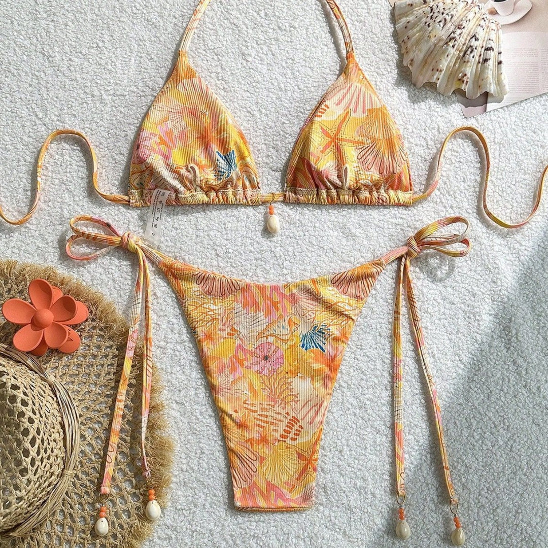 Damen Triangel-Bikini mit tropischem Muster und verspielten Bindebändern Drune