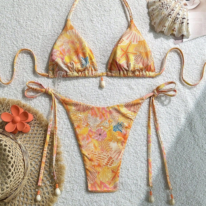 Damen Triangel-Bikini mit tropischem Muster und verspielten Bindebändern Drune