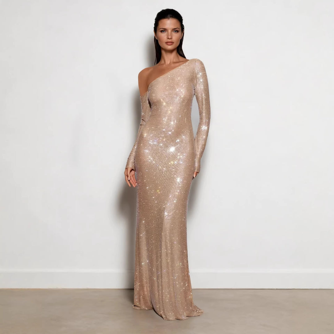 Damen Figurbetontes Abendkleid mit schimmerndem Paillettenbesatz und asymmetrischem Ausschnitt Drune