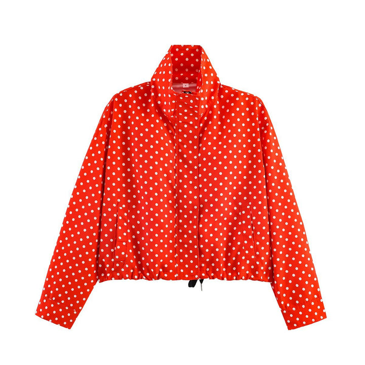 Damen Gepunktete Kurzjacke mit Stehkragen, verdeckter Frontleiste und Kordelzug Drune