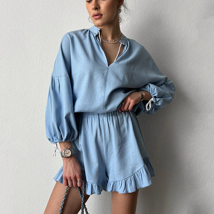 Damen Elegantes und lässiges Kurzarm-Set mit Rüschendetails Drune