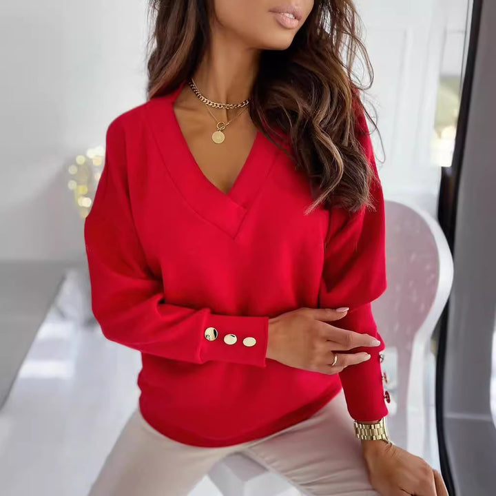 Damen V-Ausschnitt Pullover mit Knopfdetails Drune