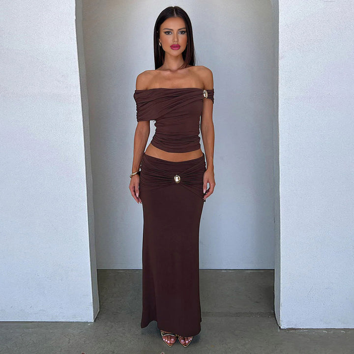 Damen Elegantes Offshoulder Maxikleid mit raffinierten Raffungseffekten Drune