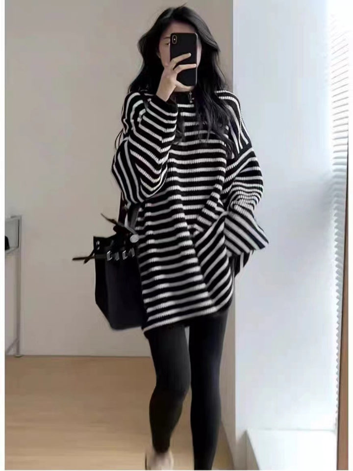 Damen Oversize Strick-Longpullover mit horizontaler Streifenstruktur Drune