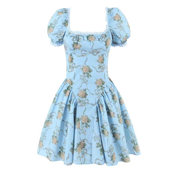 Damen Blumenkleid mit Puffärmeln und Rüschen Drune