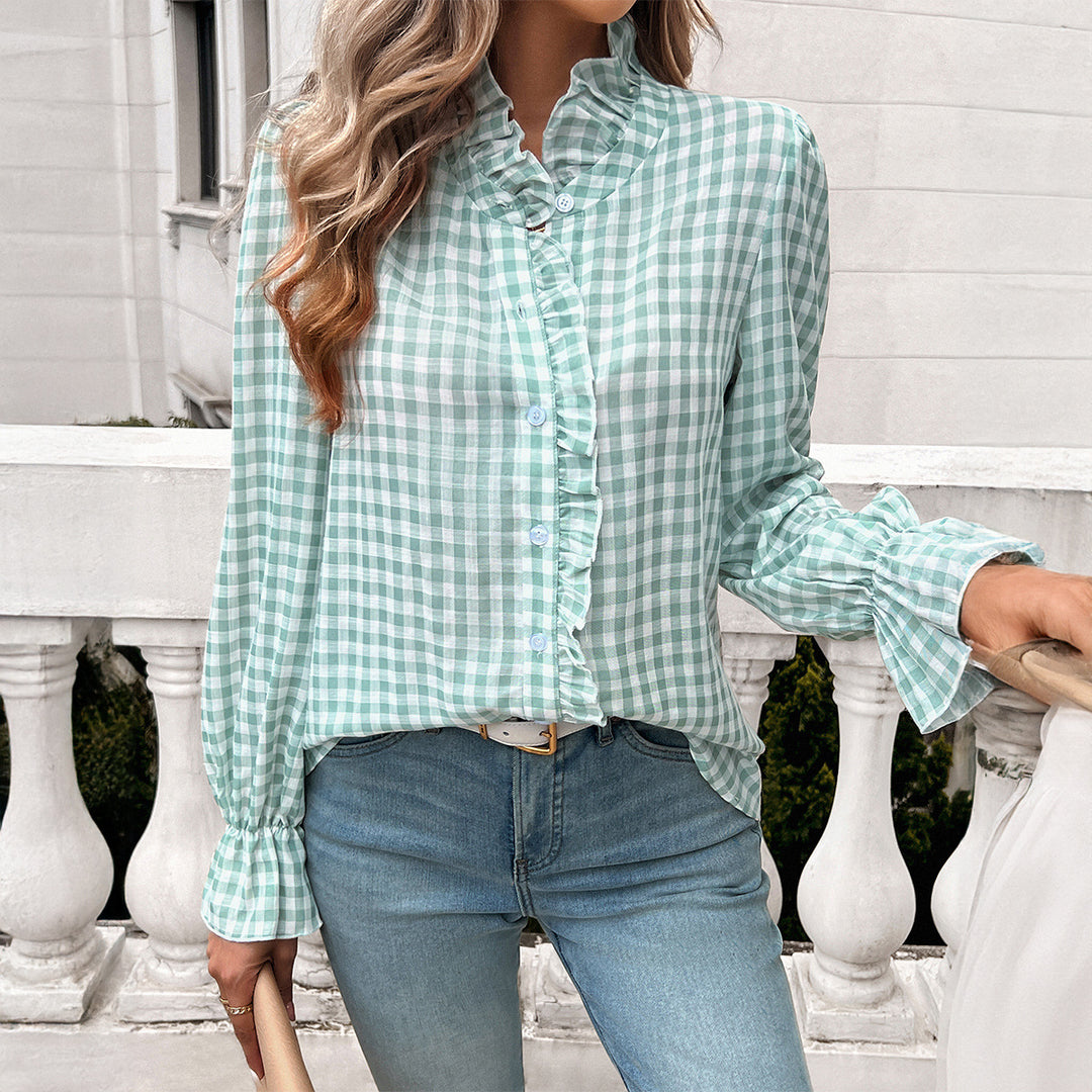 Damen Karierte Bluse mit Rüschendetails und Knopfleiste Drune