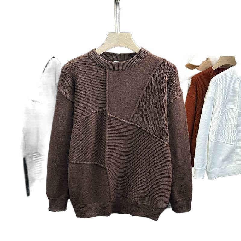 Herren Strukturierter Patchwork-Strickpullover mit Rundhals und gerippten Einsätzen Drune