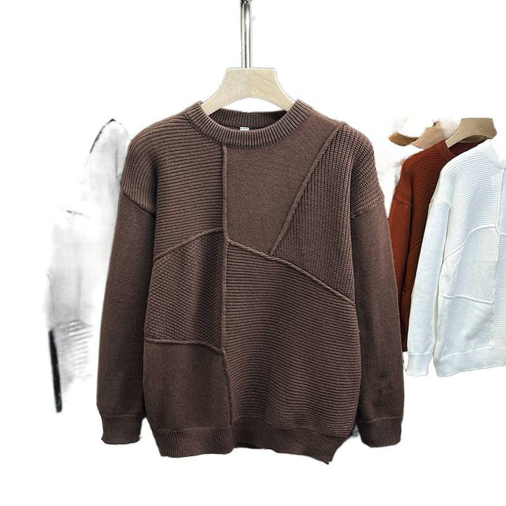 Herren Strukturierter Patchwork-Strickpullover mit Rundhals und gerippten Einsätzen Drune