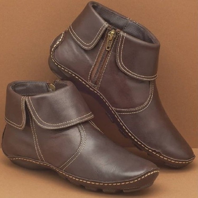 Damen nan weiche Leder-Booties mit klappbarem Riemen, seitlichem Reißverschluss und flexibler Profilsohle Drune