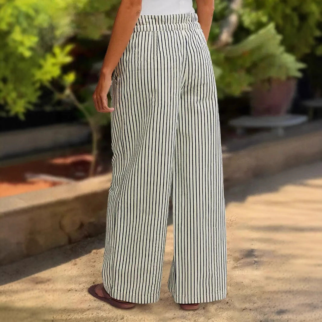 Damen Leichte Leinenoptik Palazzo‑Hose mit Gummibund, Kordelzug und senkrechtem Streifenmuster Drune