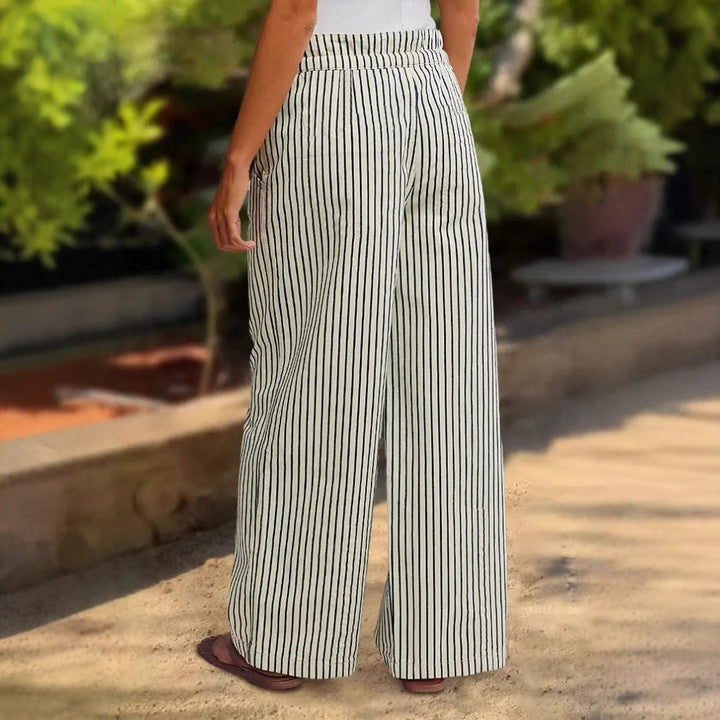 Damen Leichte Leinenoptik Palazzo‑Hose mit Gummibund, Kordelzug und senkrechtem Streifenmuster Drune
