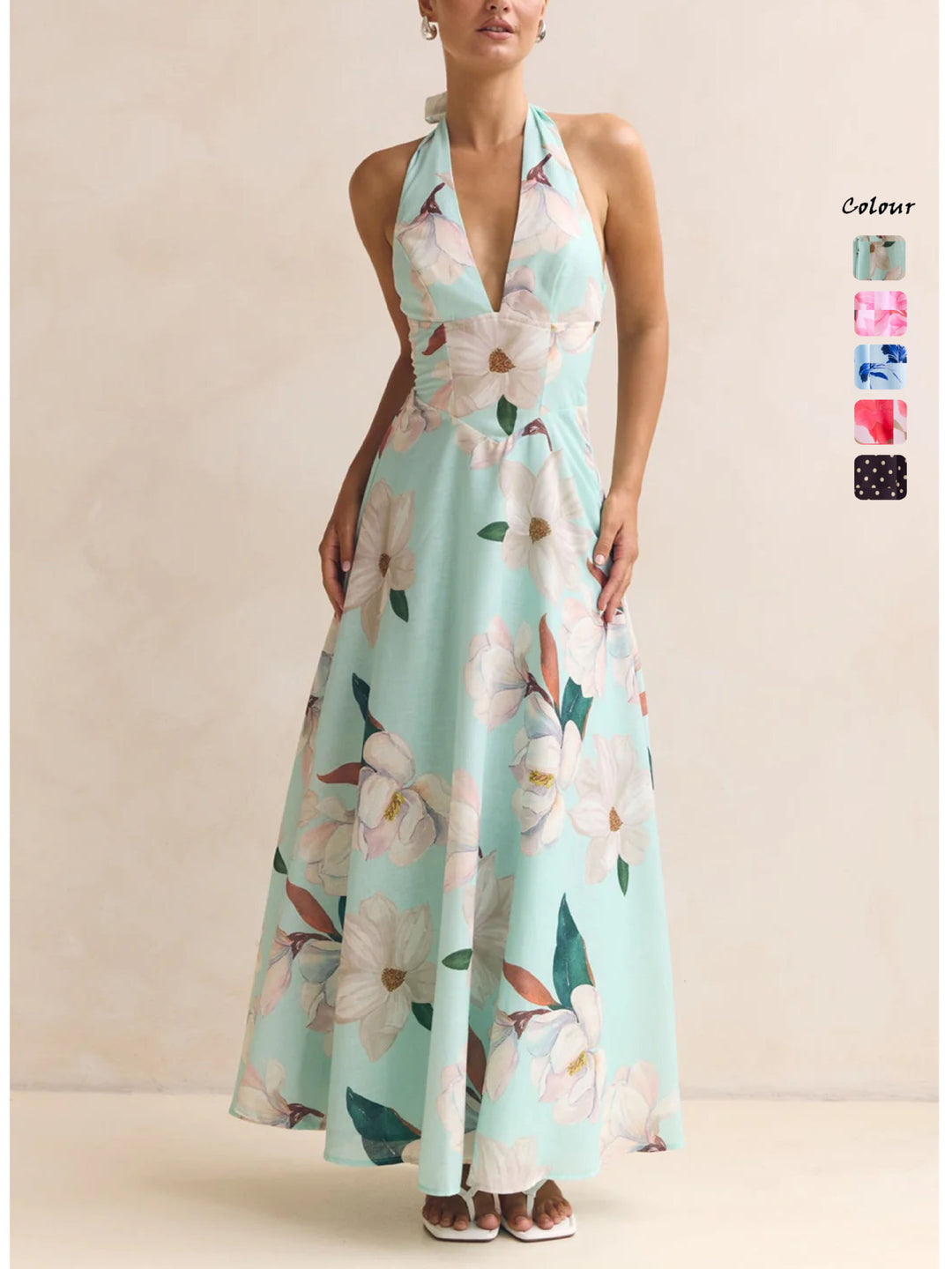 Damen Maxikleid mit tiefem V-Ausschnitt und floralen Akzenten Drune
