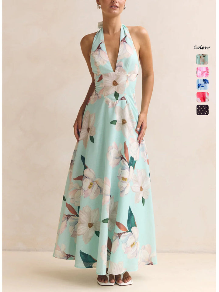Damen Maxikleid mit tiefem V-Ausschnitt und floralen Akzenten Drune