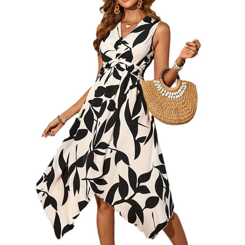 Damen asymmetrisches Kleid mit botanischem Druck Drune