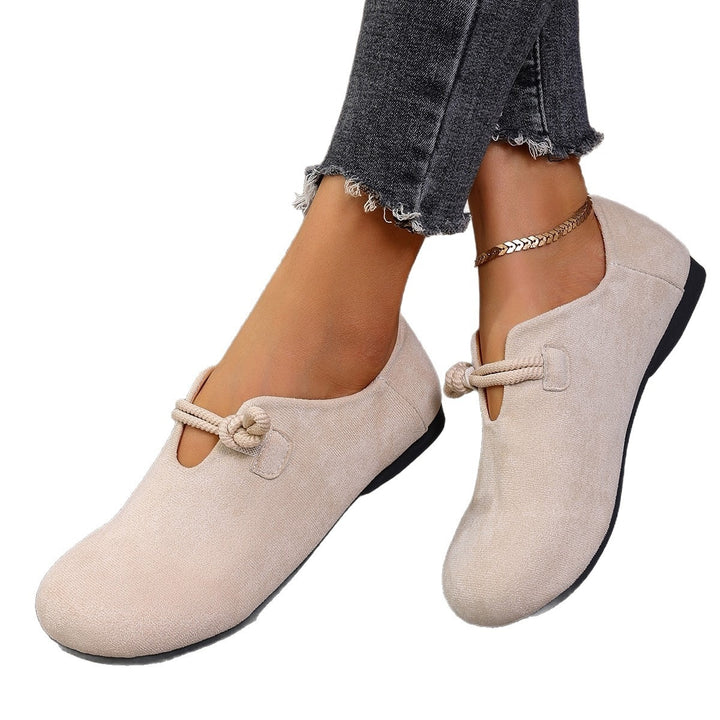 Damen Bequeme Slipper mit runder Kappe, Veloursoptik und Knotenriemen Drune