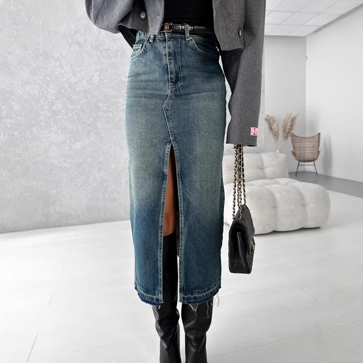 Damen Jeansrock mit hohem Schlitz im modernen Used-Look Drune
