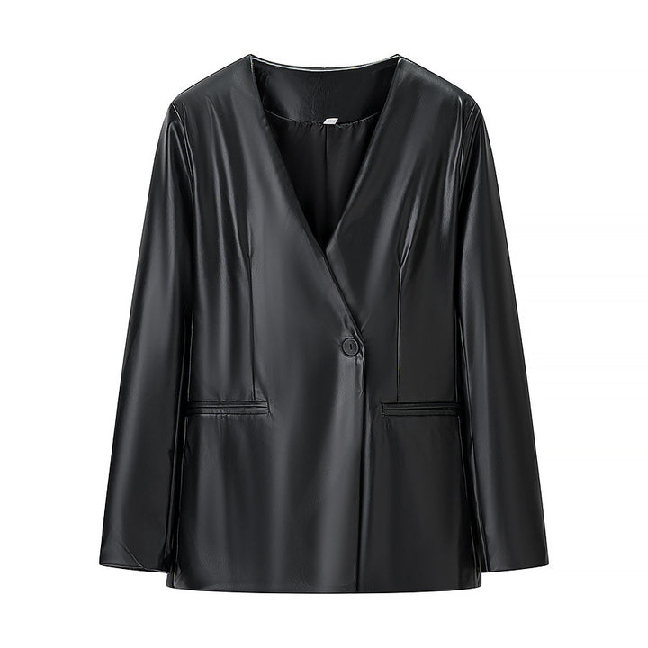 Damen elegante Longblazer aus hochwertigem Kunstleder Drune