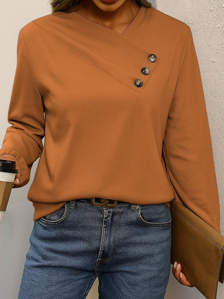 Damen Asymmetrische V-Ausschnitt Bluse mit Zierknopfleiste und Langarm Drune