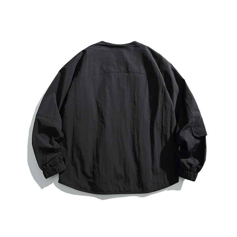 Unisex Leichte Oversize‑Überhemdjacke aus technischem Nylonmix mit V‑Ausschnitt und Reißverschlusstaschen Drune