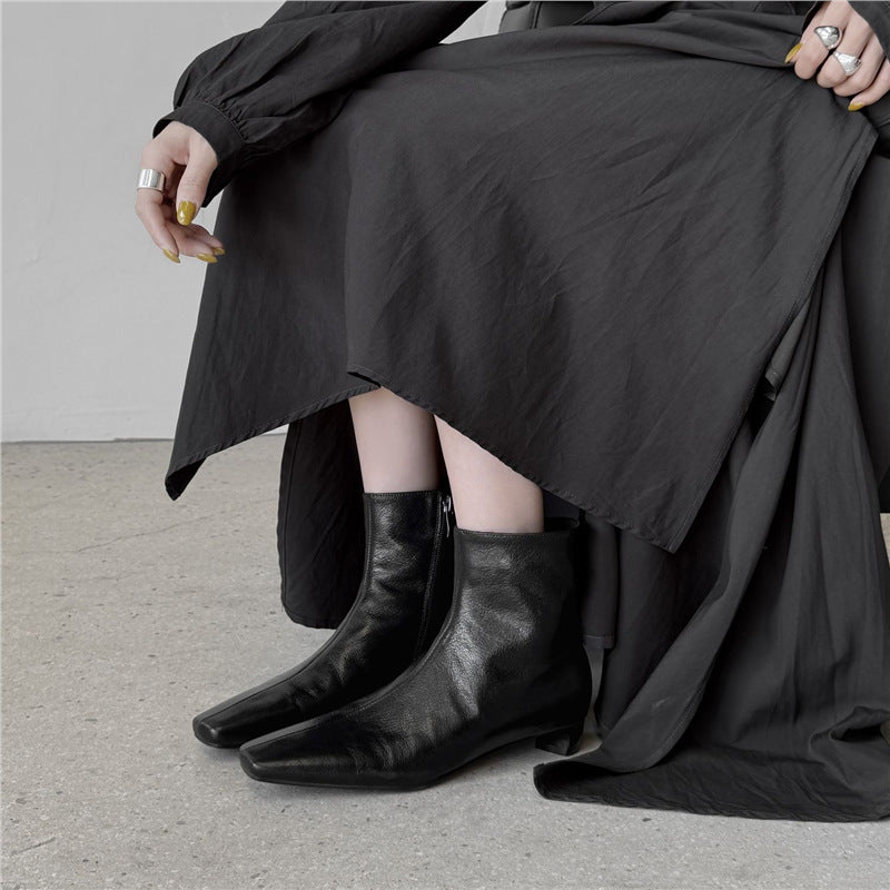 Damen Elegante Leder‑Ankle‑Boots mit quadratischer Zehenform, kurzem Sculpted‑Absatz und Innenreißverschluss Drune