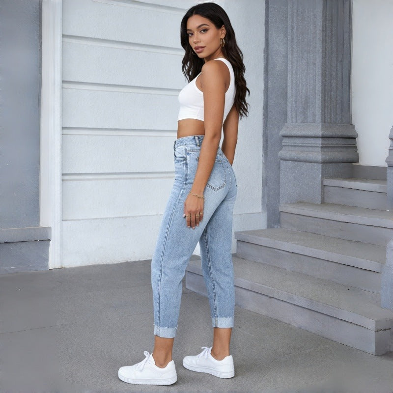Damen Hochgeschnittene Jeans mit ausgefranztem Saum Drune