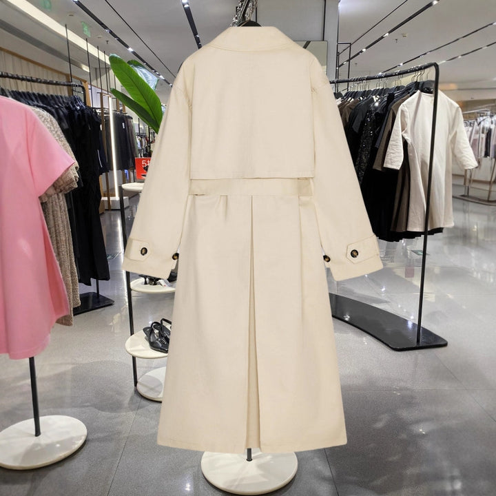 Damen Langer Trenchcoat mit doppelreihiger Knopfleiste, Taillengürtel und breitem Revers Drune