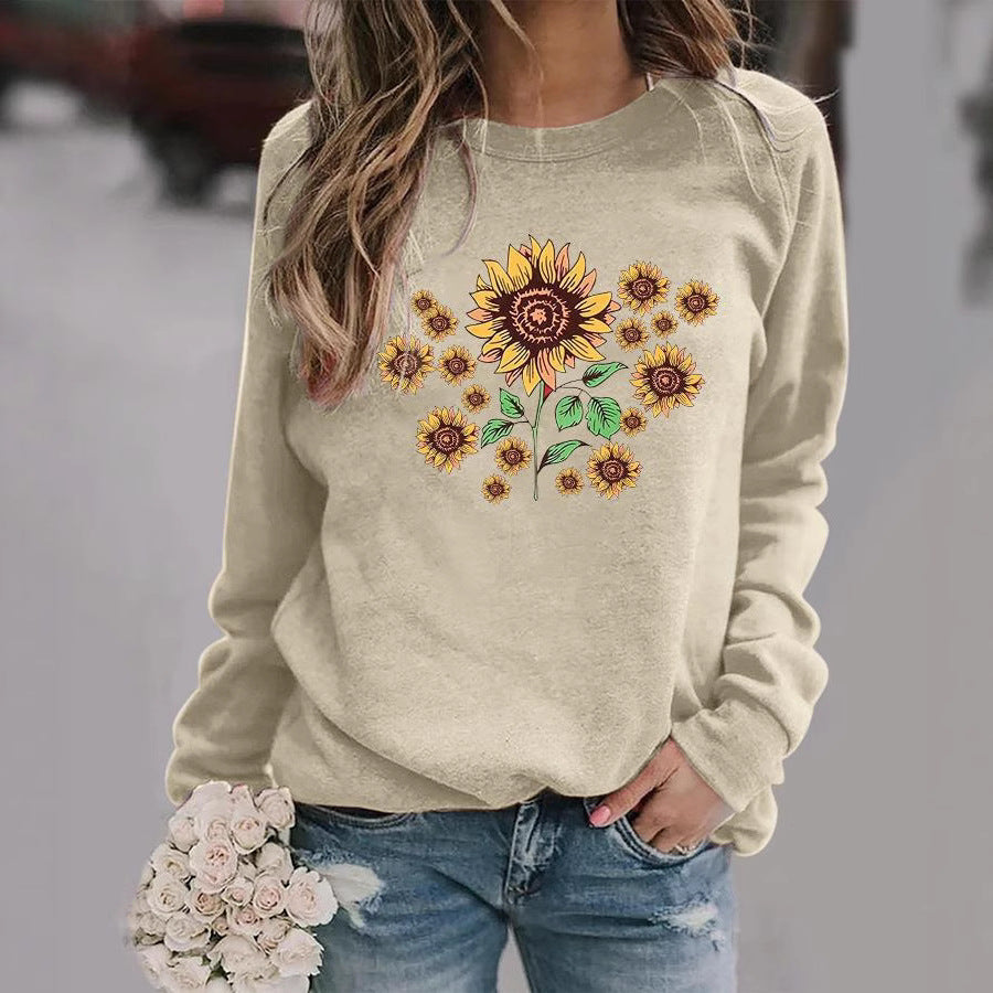 Damen Sweatshirt mit floralem Sonnenblumenmotiv und bequemer Passform Drune