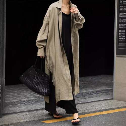 Damen Langer Satin‑Effekt Duster mit Stehkragen, Oversize‑Schnitt und tiefen Seitenschlitzen Drune