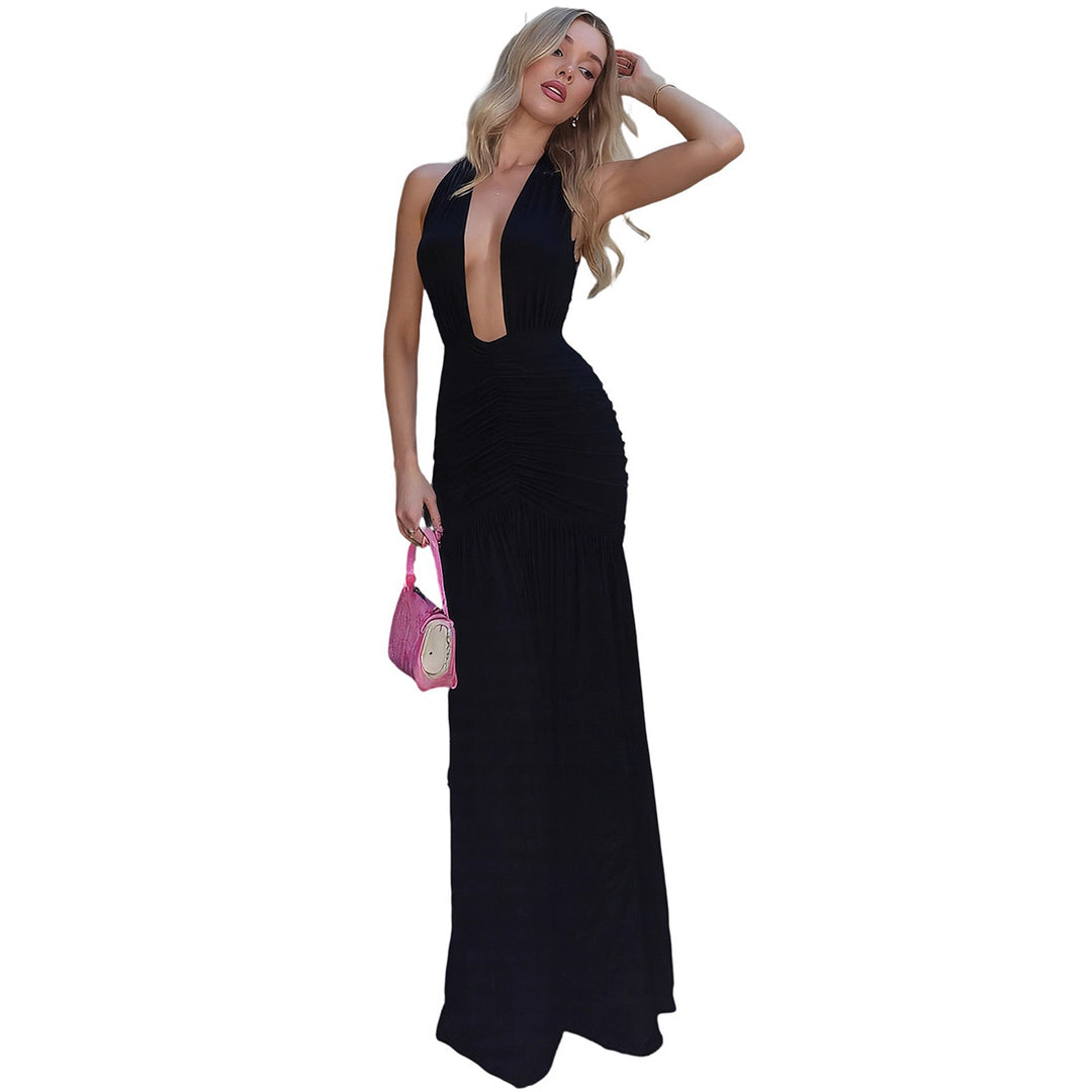 Damen Elegantes Maxikleid mit tiefem V-Ausschnitt und raffinierten Raffungselementen Drune
