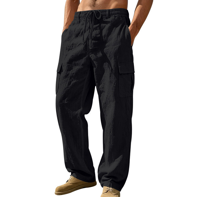 Herren nan entspannt geschnittene Strand-Cargohose aus Leinenblend mit elastischem Tunnelzug und zweifacher Klapptasche Drune