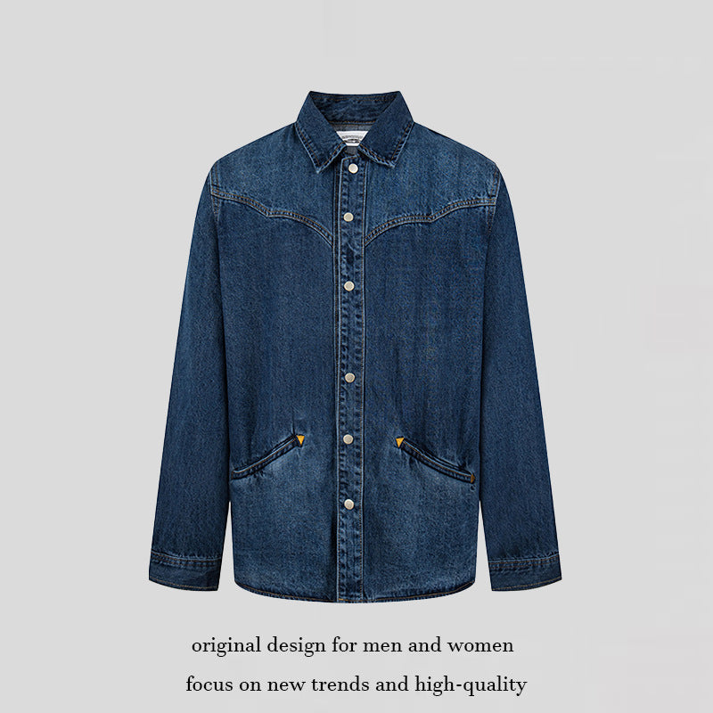 Unisex Jeans-Overshirt mit Druckknöpfen, Westernpasse und schlichten Eingrifftaschen Drune