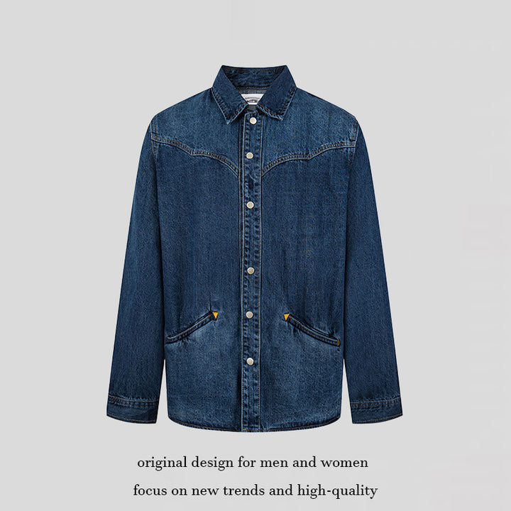 Unisex Jeans-Overshirt mit Druckknöpfen, Westernpasse und schlichten Eingrifftaschen Drune