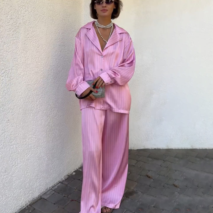 Damen Schlafanzugset aus satinierter Baumwolle mit eleganten Streifen und lockerem Schnitt Drune