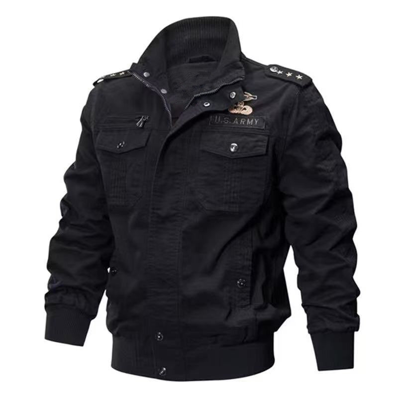 Herren Militärische Bomberjacke mit Epauletten, Stehkragen und Utility-Taschen Drune