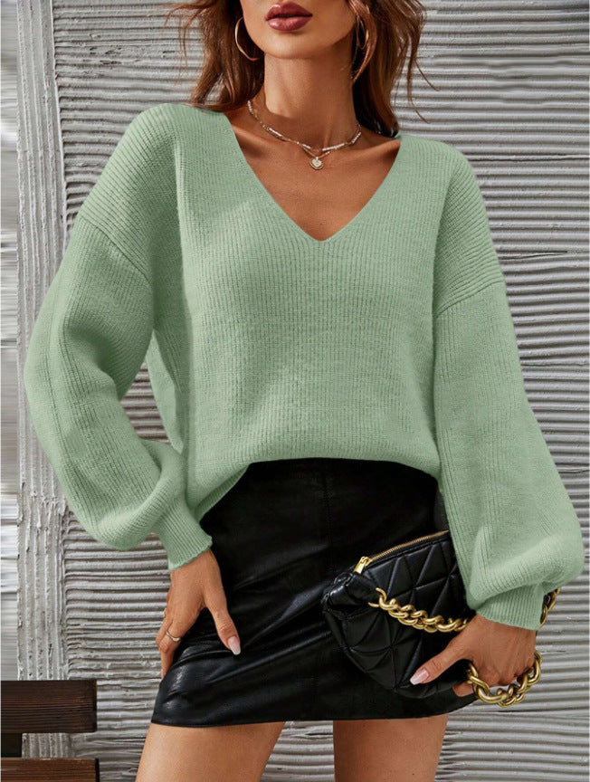 Damen V-Ausschnitt Pullover mit lässiger Passform und modischen Ballonärmeln Drune