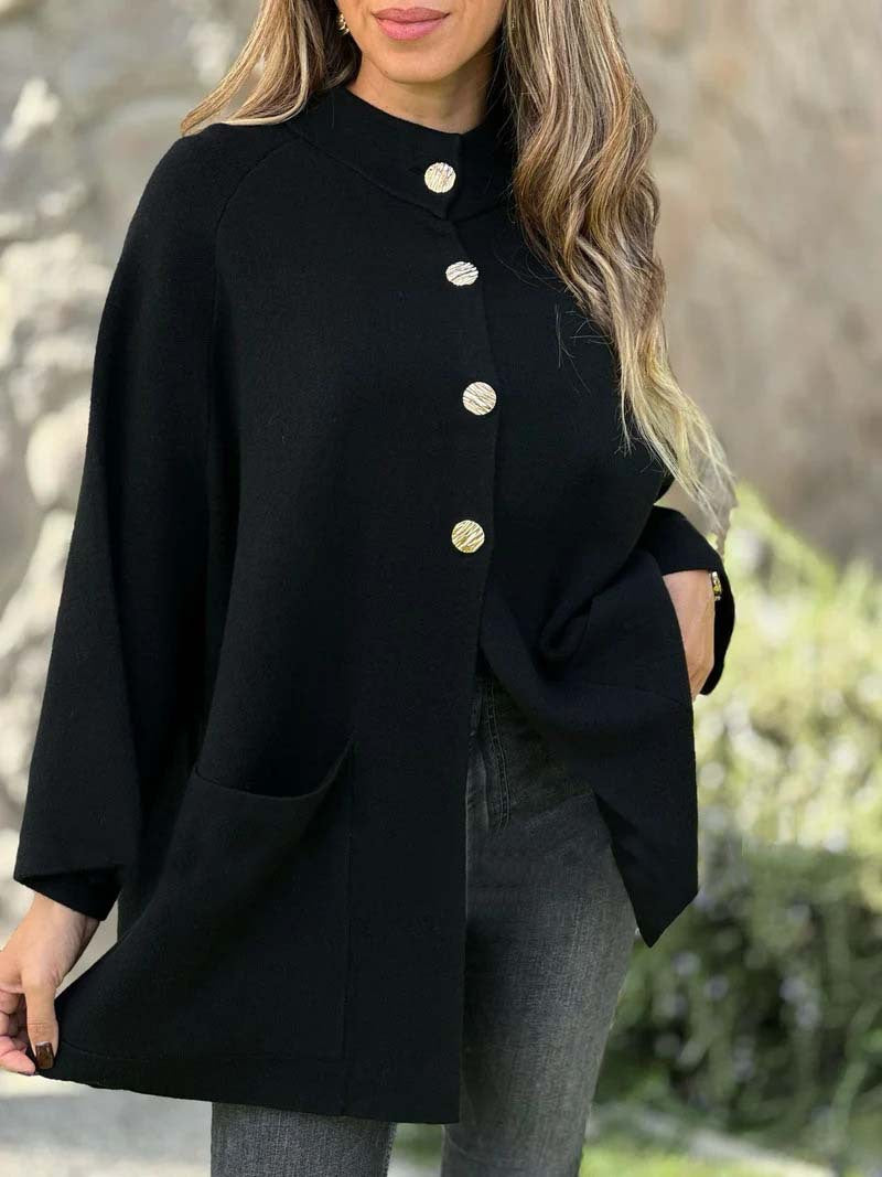 Damen Oversize Cape-Cardigan mit Stehkragen, aufgesetzten Taschen und Zierknöpfen Drune