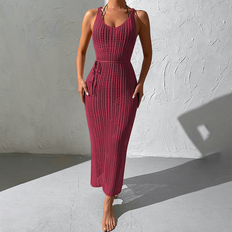 Damen gehäkeltes Maxikleid mit tailliertem Schnitt und seitlichem Kordelzug Drune