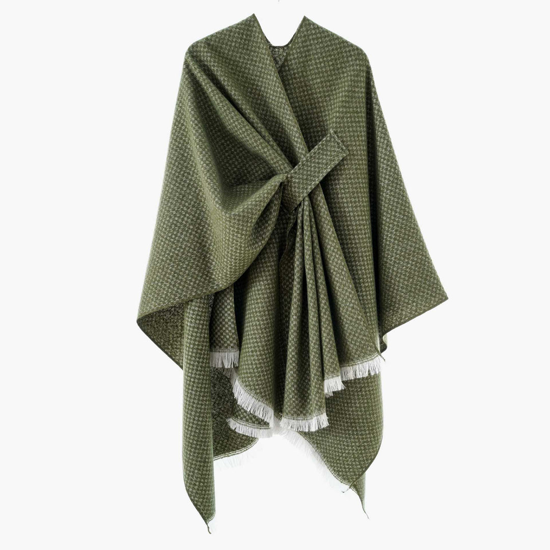 Damen Umlegbarer Wollmix-Poncho mit Hahnentritt-Jacquard und Bindegürtel Drune