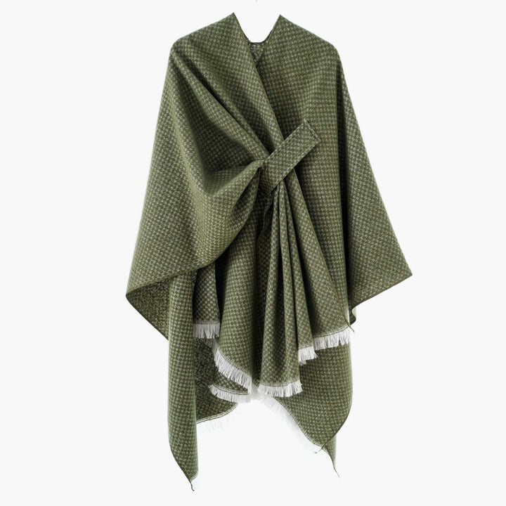 Damen Umlegbarer Wollmix-Poncho mit Hahnentritt-Jacquard und Bindegürtel Drune