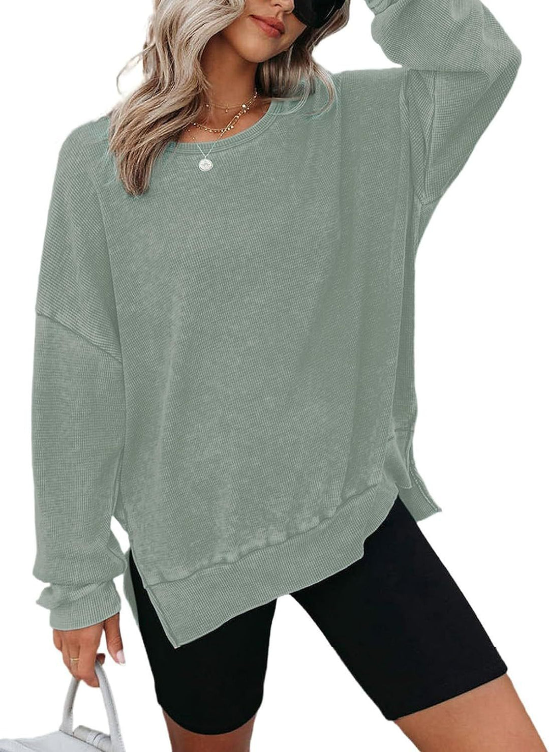 Damen Lässiger Waffelpullover mit modernen Seitenschlitzen Drune