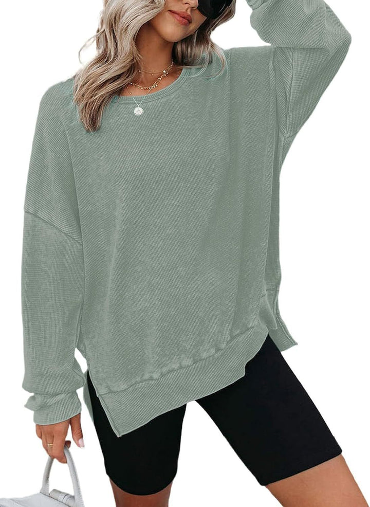 Damen Lässiger Waffelpullover mit modernen Seitenschlitzen Drune
