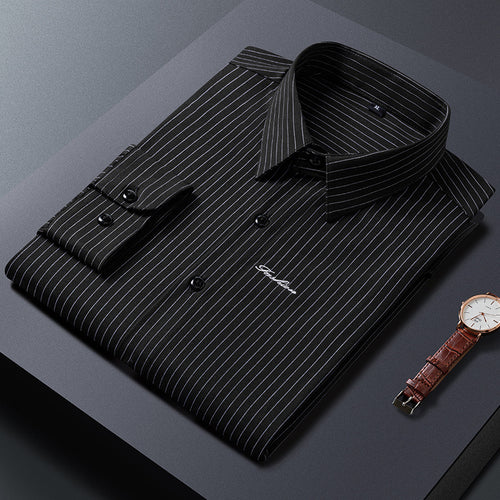 Herren Klassisches gestreiftes Business‑Hemd aus Baumwollmix mit Kentkragen und Brustlogo Drune