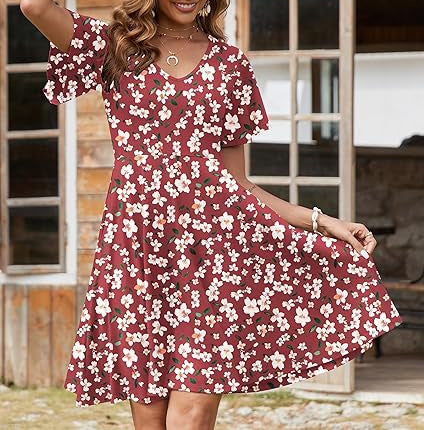 Damen Blumenkleid mit V-Ausschnitt und Röcken Drune