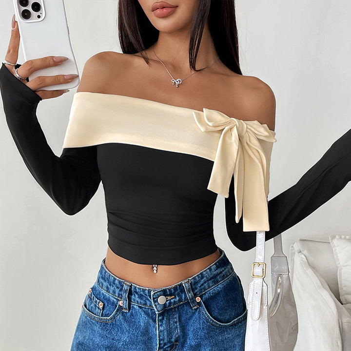 Damen Schulterfreies Langarm-Top mit weitem Umschlagkragen und Zierschleife Drune