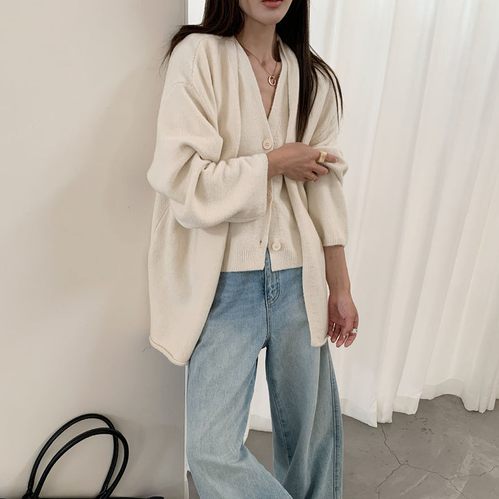 Damen Modische Strickjacke mit elegantem V-Ausschnitt und Knopfverschluss Drune