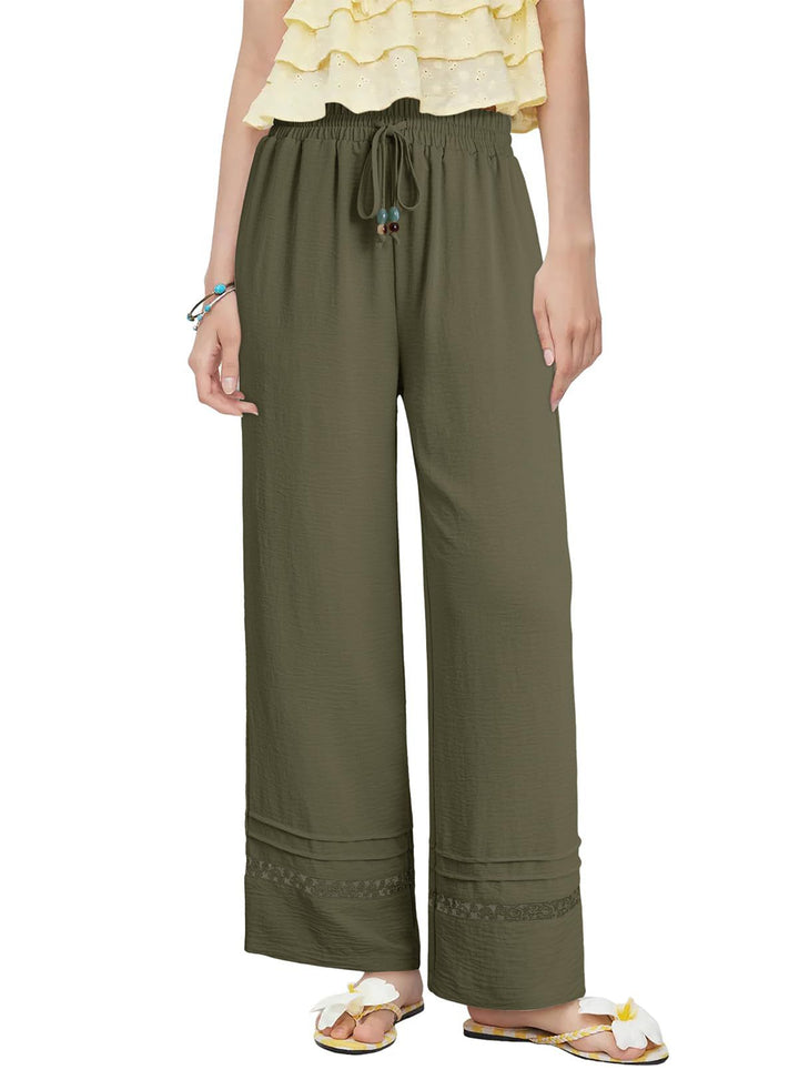 Damen Weite Leinenoptik-Hose mit hohem Gummibund, Bindekordel und Spitzeneinsatz Drune