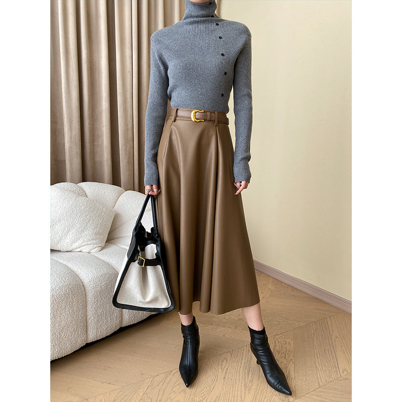 Damen eleganter Strickpullover mit hohem Kragen und dekorativen Knopfdetails Drune