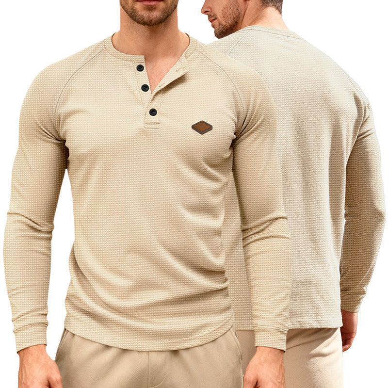 Herren nan Waffelstrick-Henley Langarmshirt mit Raglanärmeln, Halbknopfleiste und Lederlabel Drune